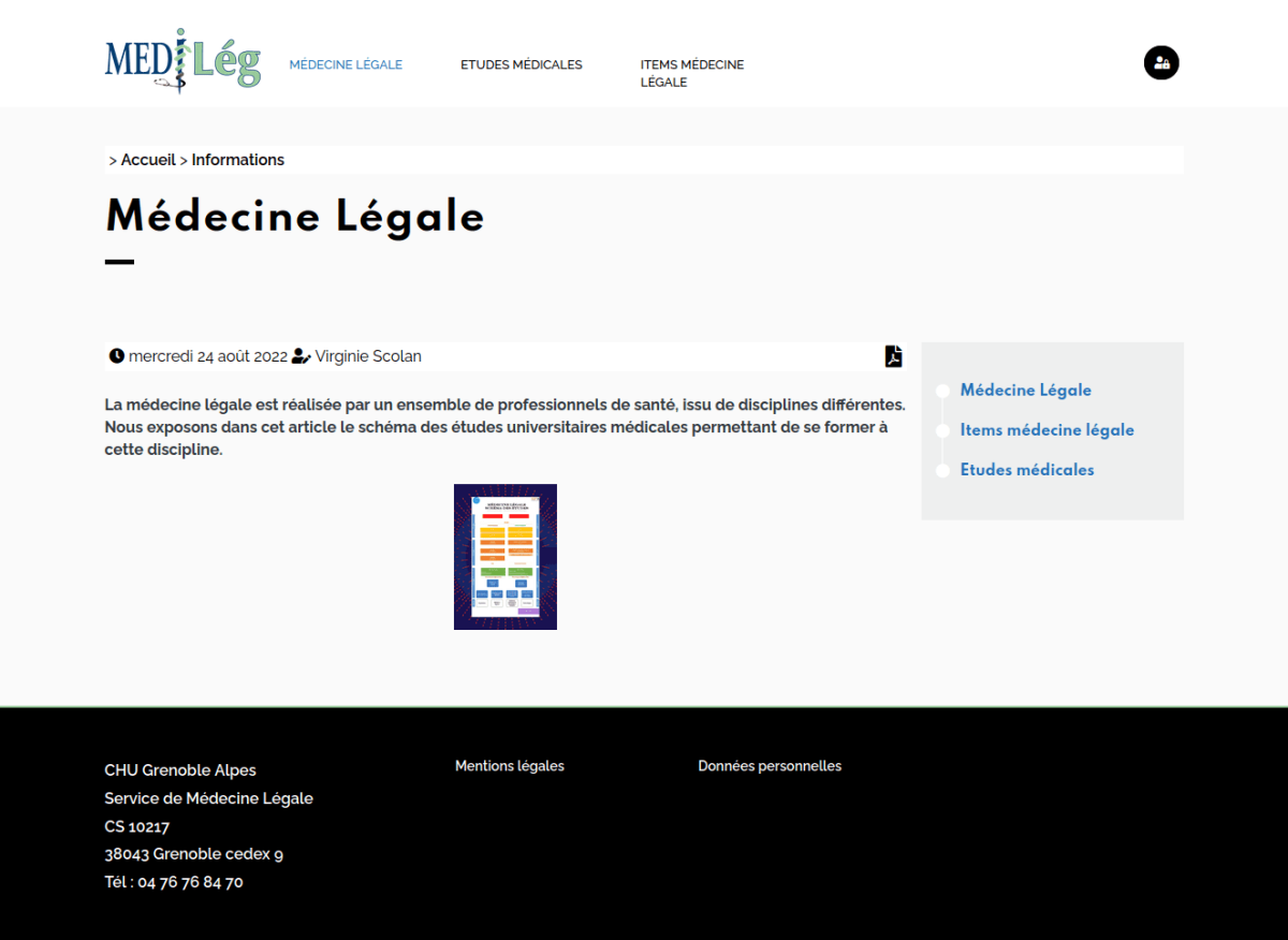 Page d'article avec le titre, la date, l'auteur et le contenu et un menu de gauche pour changer d'article