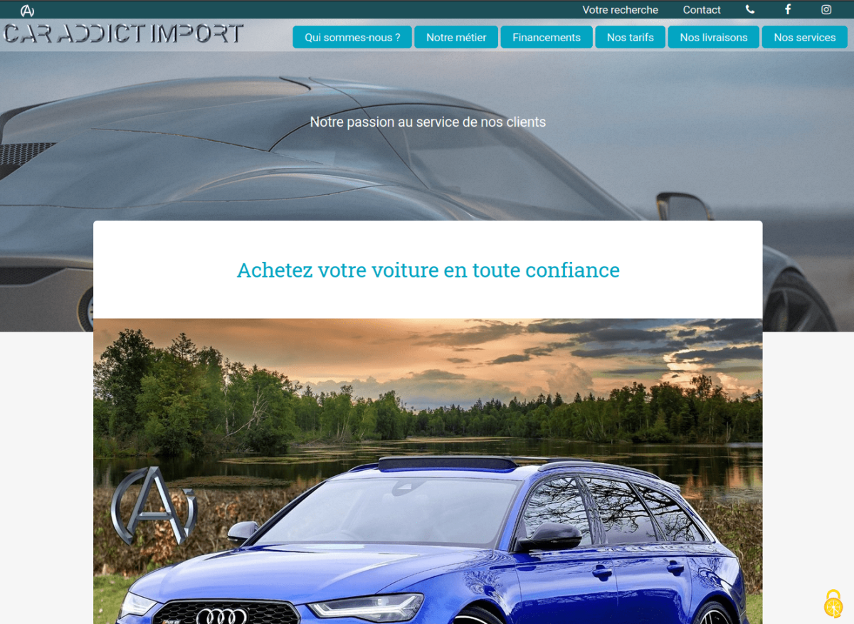 Page d'accueil du site avec bandeau menu, visuel pleine largeur et photo d'une Audi break