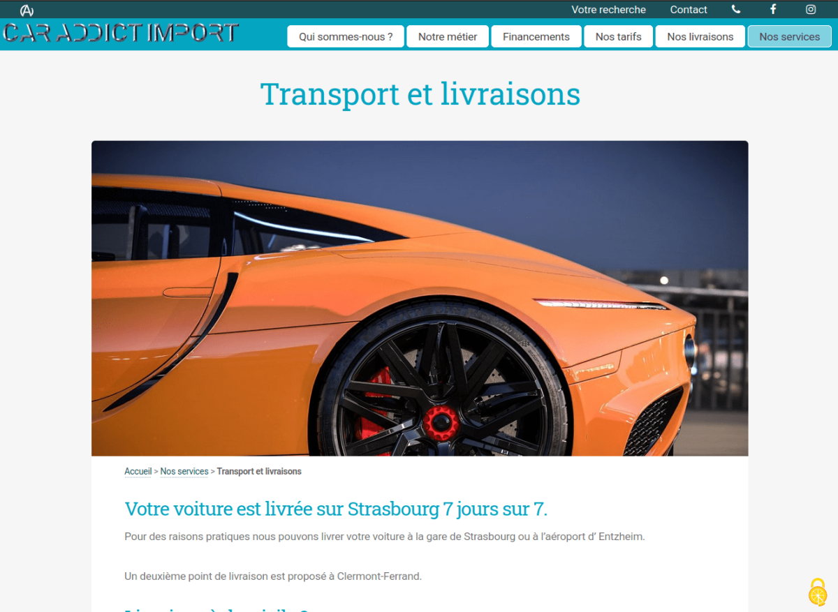 Exemple de page article, avec bandeau menu, photo d'une supercar orange et début du texte