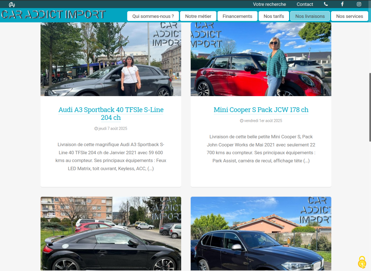 Entête réduit avec menu, suivi de 2 lignes de 2 blocs affichant un visuel du véhicule, le titre (qui correspond à la description de la voiture), la date et une accroche