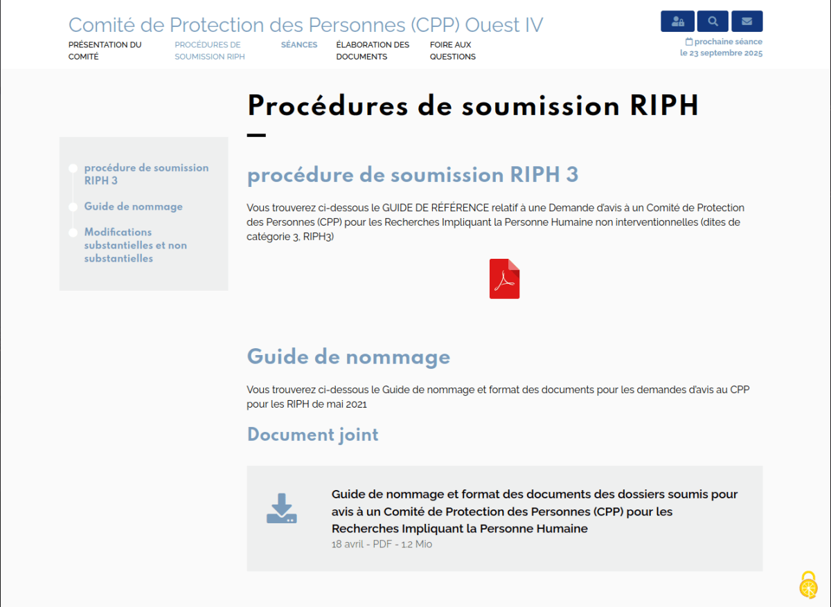 Page de rubrique avec menu de gauche flottant sur fond gris, permettant un accès rapide, intertitre de couleur, texte et documents