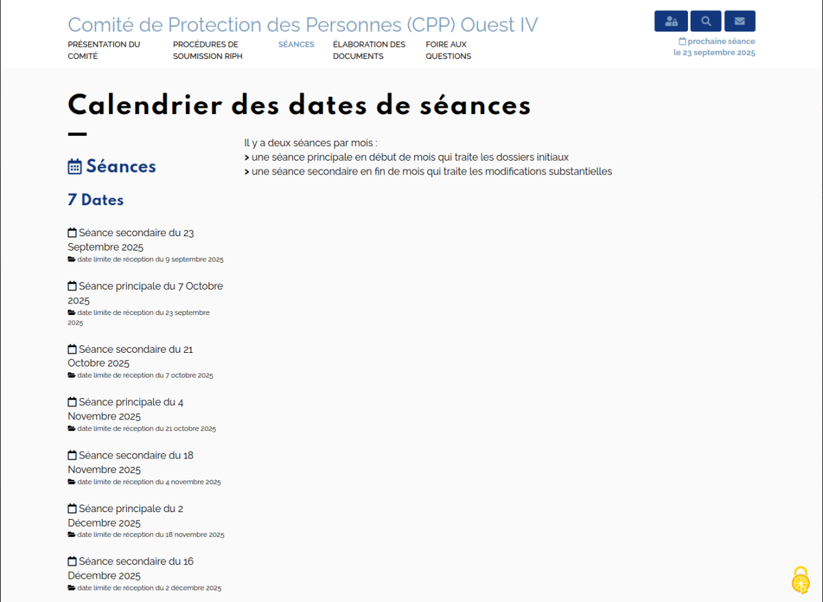 Page présentant les dates des séances
