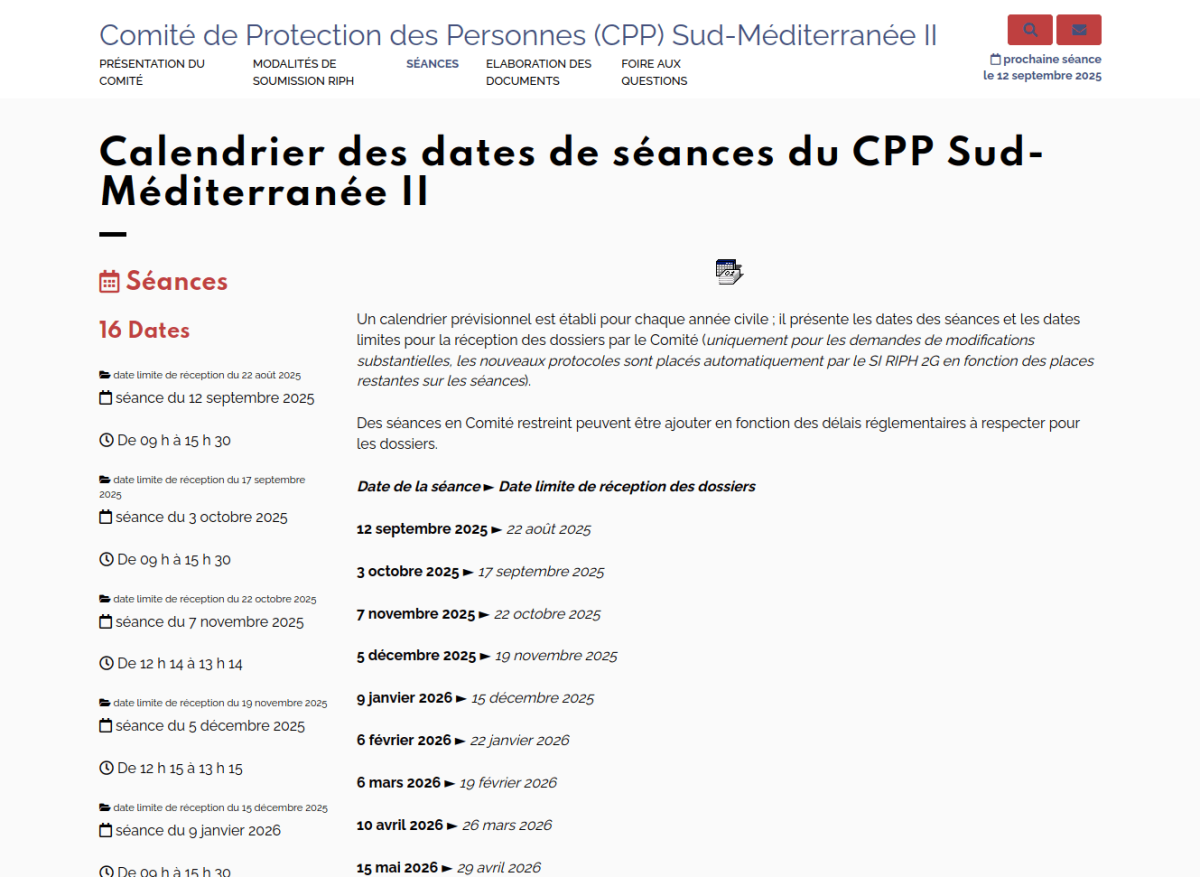 Page présentant les dates des séances 