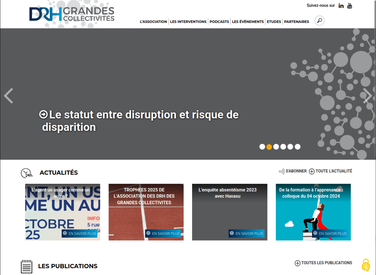 Page d'accueil du site avec bandeau menu, slider à la une avec visuel et texte en surimpression, suivi des actualités