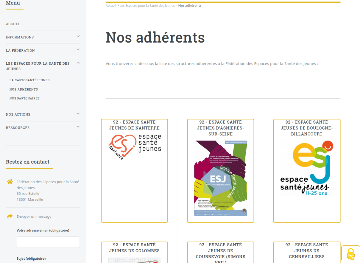 Page de présentation des adhérents avec des lignes de 3 éléments affichant le nom de l'espace santé et le logo