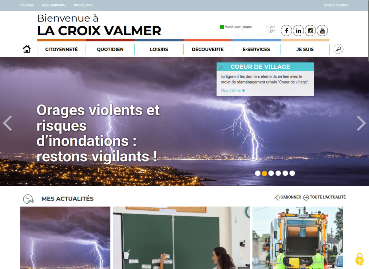 Page d'accueil du site avec bandeau menu, slider à la une avec visuel et texte en surimpression, suivi des actualités