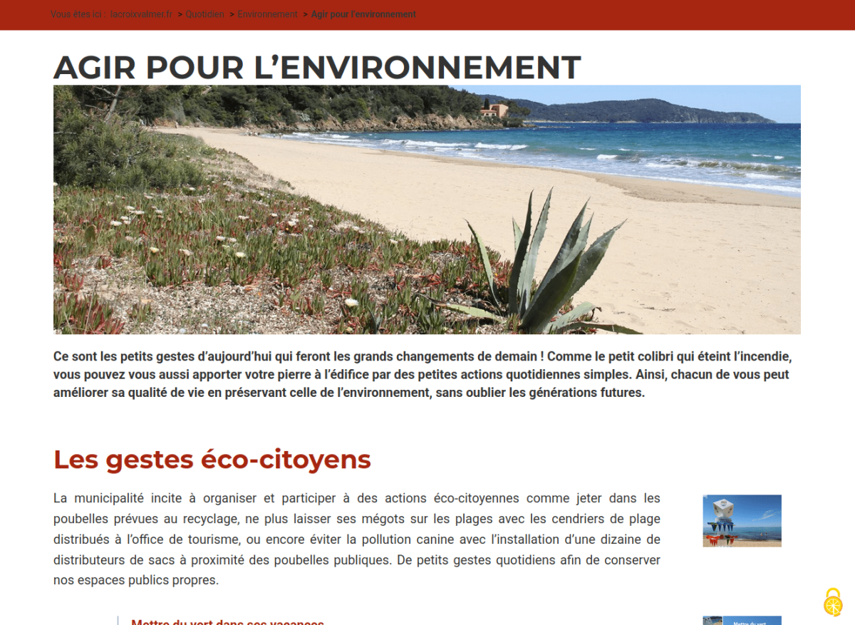 Exemple de page de contenu, titre en noir et visuel en bandeau, intertitre en couleur et colonne de droite avec des documents contextuels