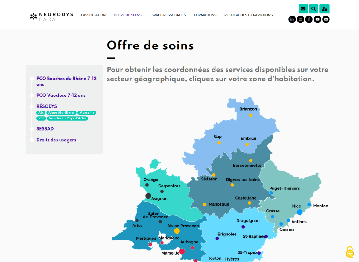 Page avec menu à gauche et carte pour sélectionner la zone géographique, les départements sont dans différentes teintes de bleu