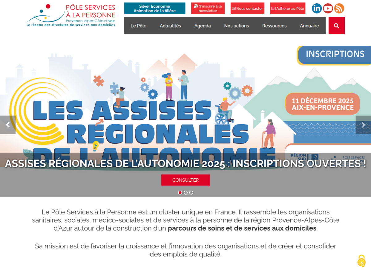 Page d'accueil du site avec bandeau menu et boutons, slider pleine largeur avec bloc en opacité et titre en blanc suivi d'un texte de présentation