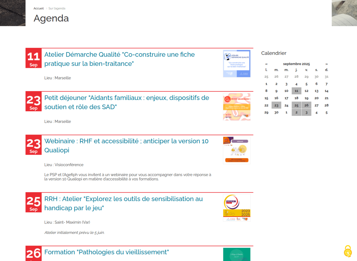 Page agenda du site, avec liste chronologique d'événement reperés par un cadre rouge contenant la date, puis un titre et un descriptif et un visuel sur la droite. En colonne de droite, un mini-calendrier permet de sélectionner une date précise