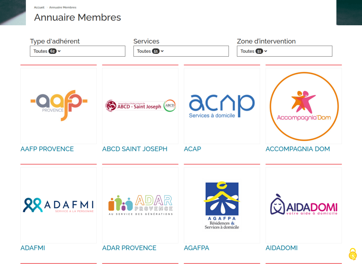 Page annuaire, avec 3 menus déroulants pour filtrer par type, services et zone d'intervention. Les éléments sont listés par ligne de 4, avec logo et titre