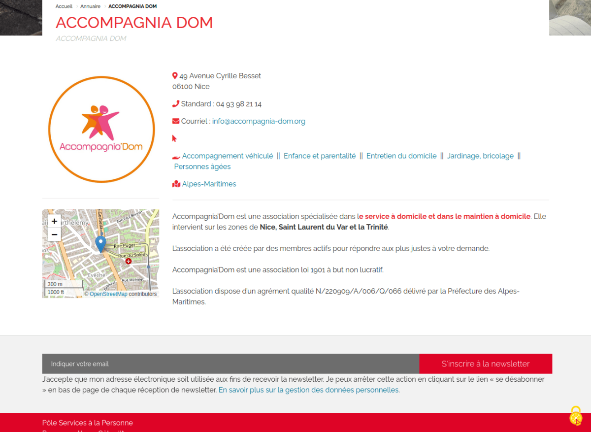 Page détaillée d'une fiche annuaire. En colonne de gauche, logo et géolocalisation. Sur la partie droite, coordonnées, mots clés et description