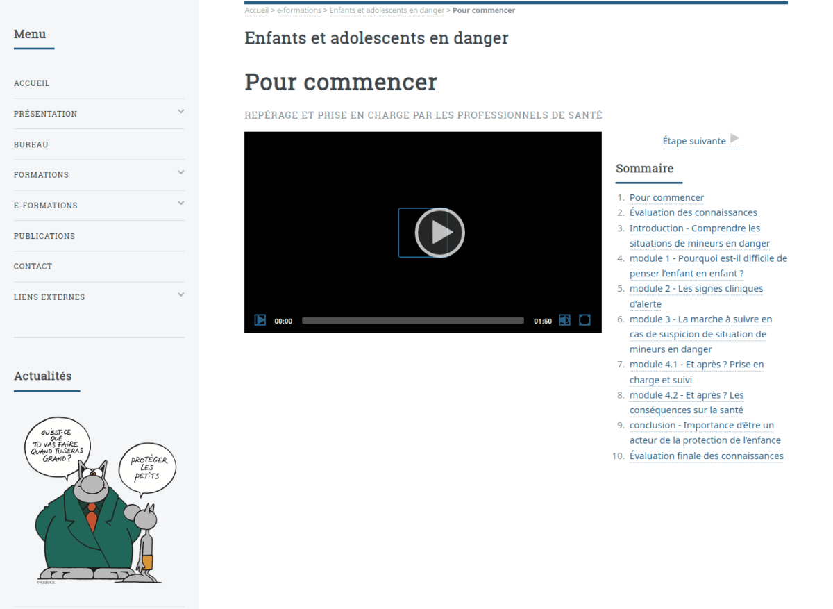 Page e-formation avec vidéo de présentation et menu sur la colonne de droite pour naviguer entre les différerentes parties