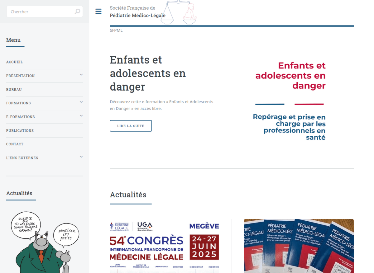 Page d'accueil avec menu de gauche sur fond gris, texte de présentation, et couleur bleue foncée pour le contraste