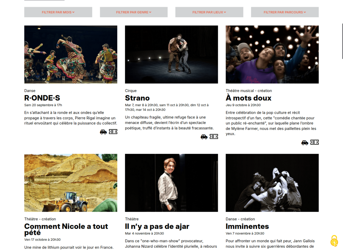 Page de saison avec filtres (par mois, par genre, par lieux et par parcours) ainsi que deux lignes de 3 spectacles. Ils sont représentés par une image, suivi du genre, du titre, de la date, un descriptif et des pictogrammes por accéder au covoiturage et à la billetterie