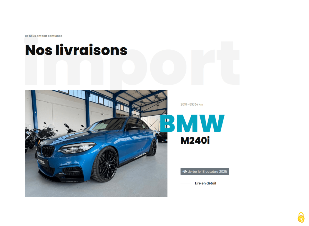 Visuel du véhicule avec marque en bleu et modèle en noir, année et kilométrage et cartouche avec date de livraison