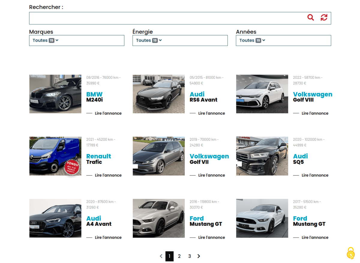 Moteur de recherche et filtre par marques, énergie et années. 3 lignes de 3 blocs présentant les différents véhicules à la vente, année, kilométrage, prix, marque et modèle