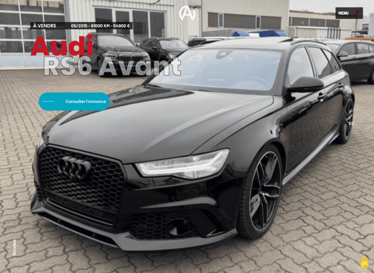 Page d'accueil du site avec logo et menu hamburger, visuel pleine largeur d'une Audi break avec marque en rouge et modèle en opacité