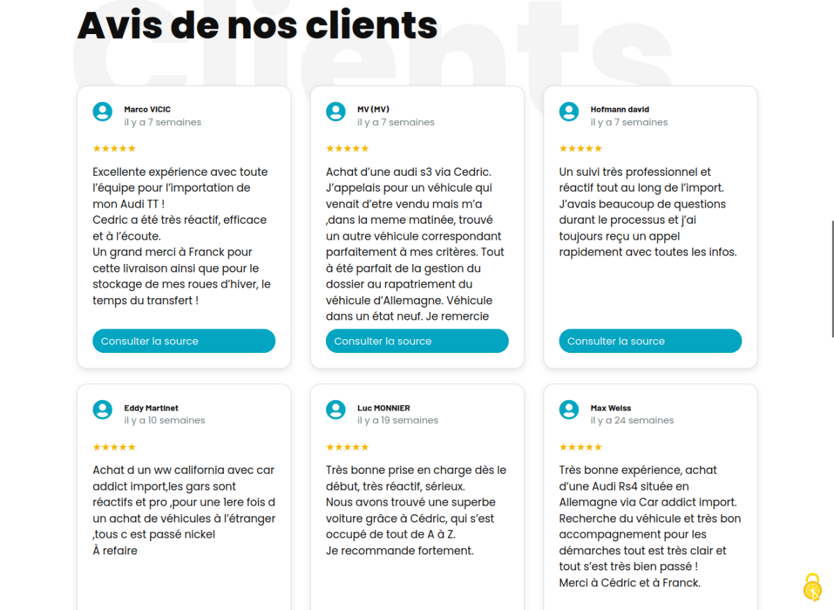 Liste des avis clients, avec 2 lignes de 3 blocs, présentant le nom et l'ancienneté, le texte et un bouton permettant d'ouvrir l'avis original