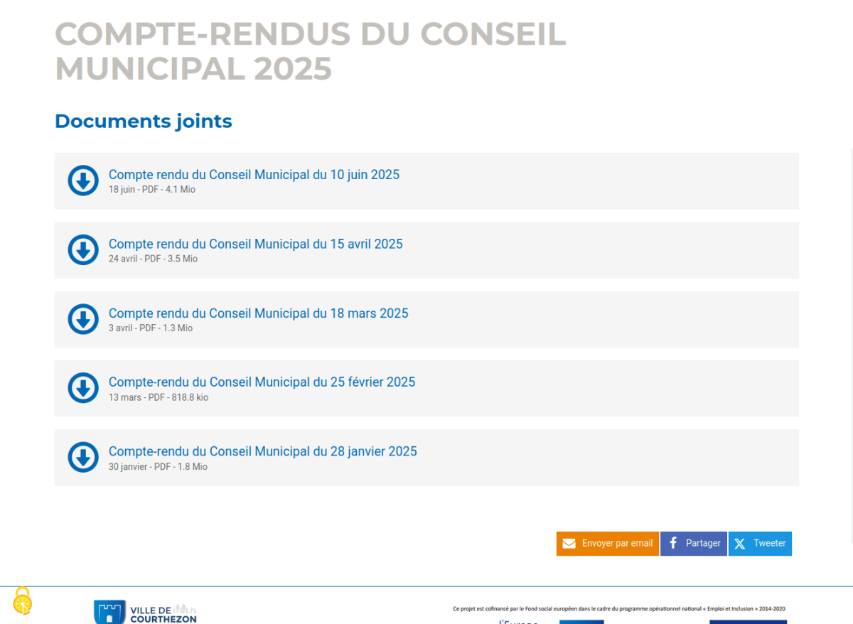 Page listant les comptes-rendus du conseil municipal présentés sous forme de bandeau, triés par date avec un picto, un titre, la date, le format et le poids