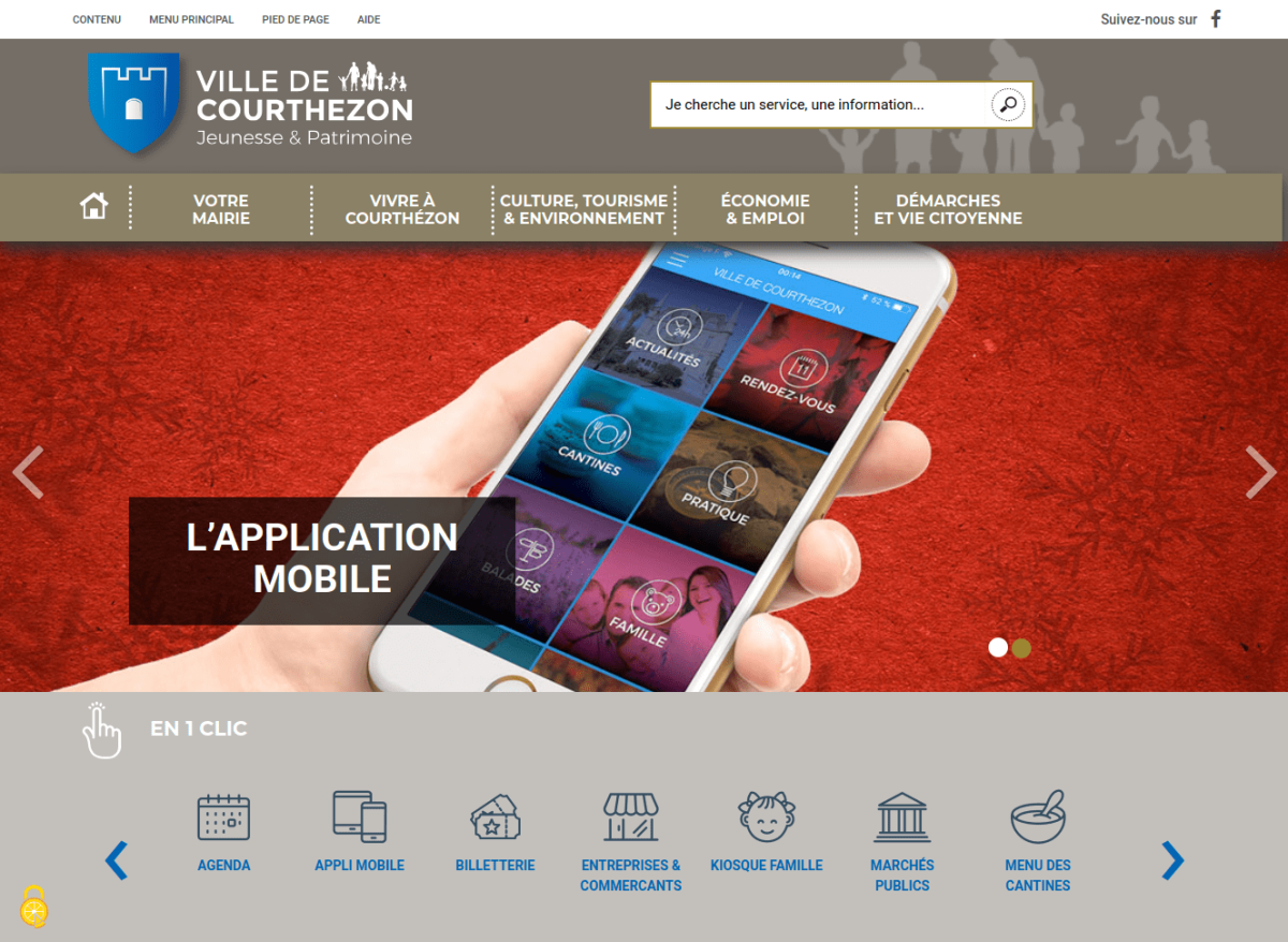 Page d'accueil du site avec bandeau gris-beige, slider avec une image pleine largeur et bloc en opacité noir avec titre en blanc, suivi par un bandeau à fond gris, 'En 1 clic' présenatant des pictogrammes foncés et titres bleus.