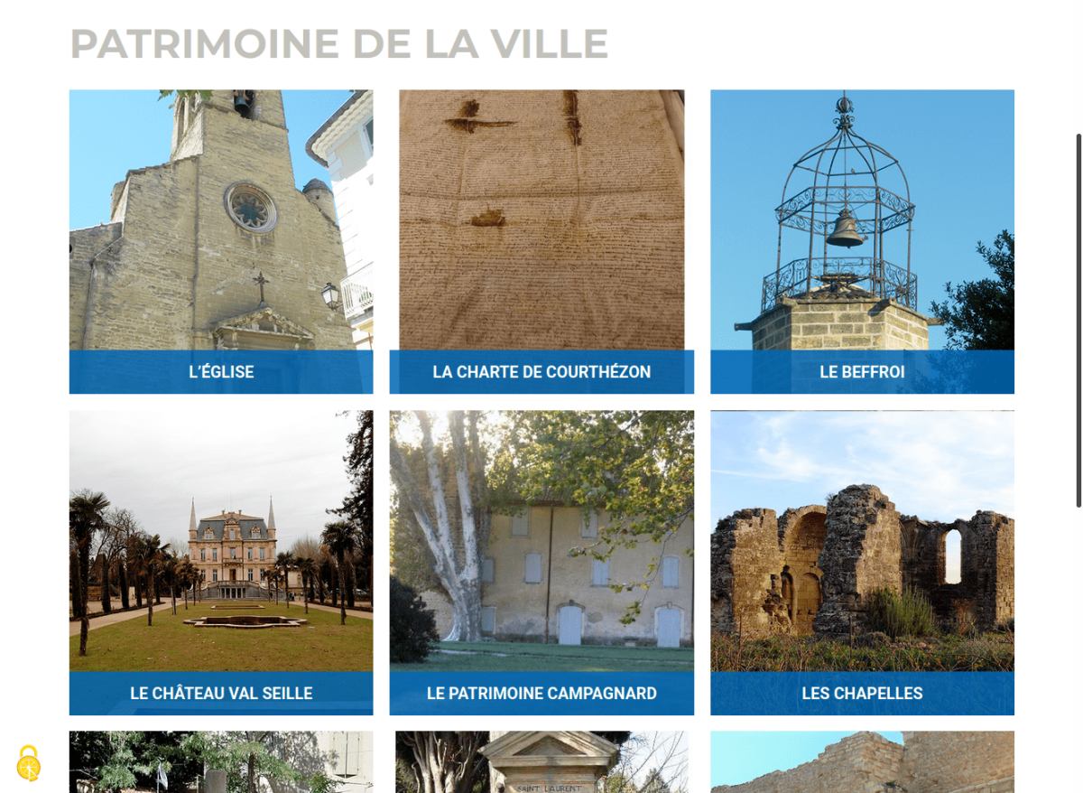 Page proposant les contenus du patrimoine de la ville, sous forme de bloc contenant une photo carrée et un cadre en superposition sur fond bleu en opacité en bas de l'image avec le titre blanc