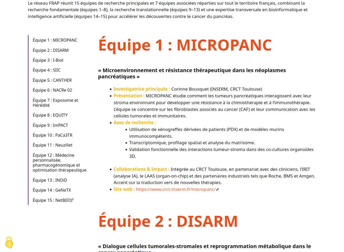Liste des 15 équipes avec menu flottant à gauche et descriptif sur la partie droite