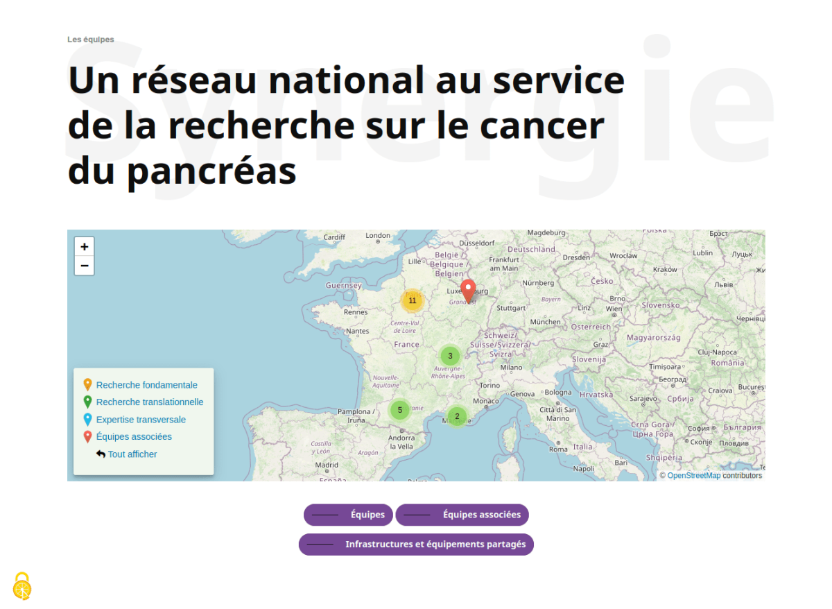 Cartographie des équipes et équipes associées géolocalisées avec boutons permettant d'accéder au détail des équipes et équipements