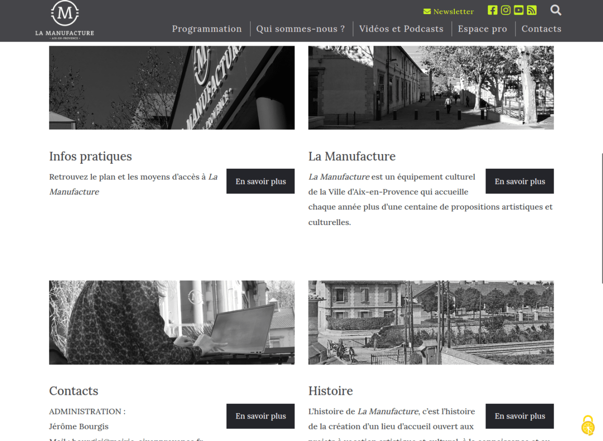 Bandeau supérieur et 4 blocs présentant des articles avec visuel, titre, descriptif et lien