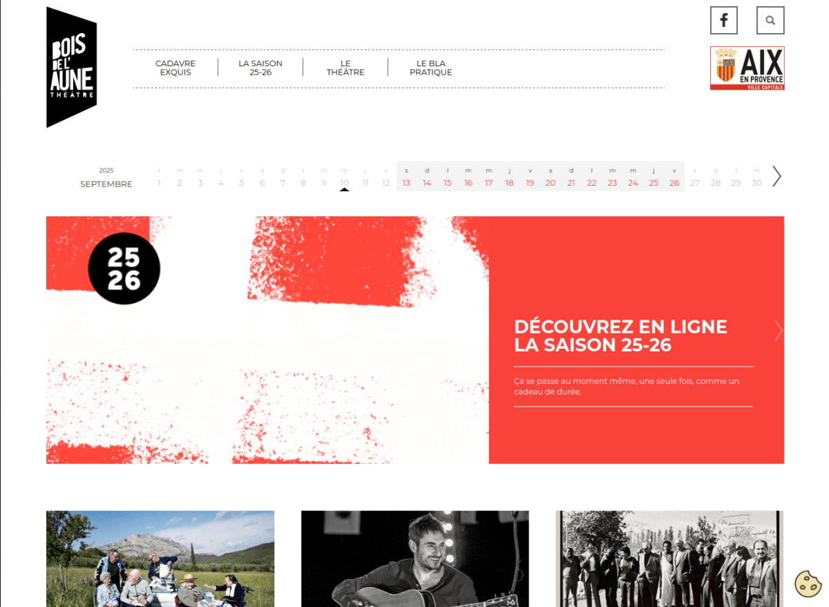 Page d'accueil du site avec bandeau menu, slider à la une avec visuel et texte sur la droite avec un fond coloré, suivi des actualités