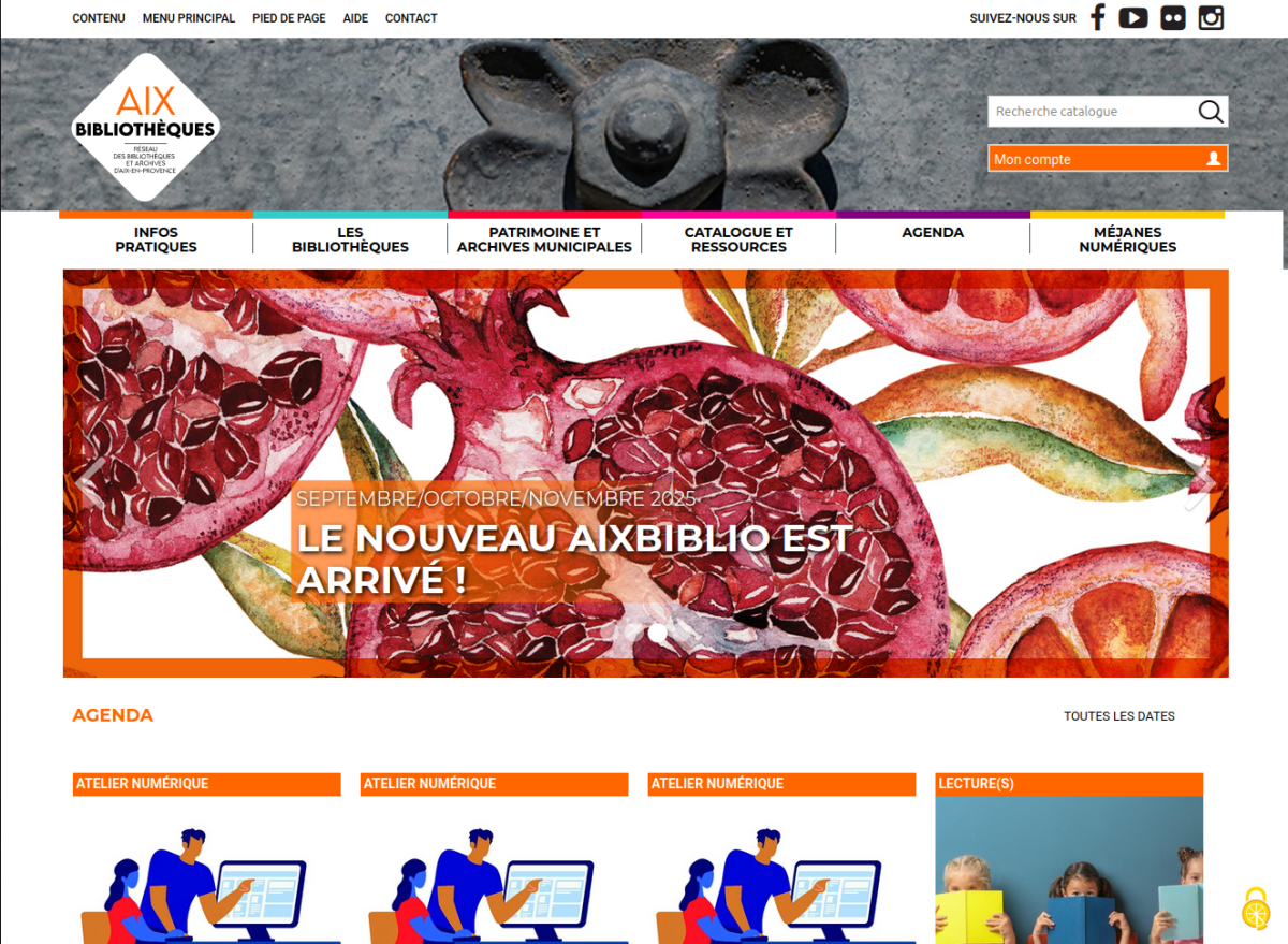 Page d'accueil du site avec bandeau menu et entrées identifiés par des bordures hautes de différentes couleurs, slider à la une avec visuel et texte blanc en surimpression, suivi des actualités
