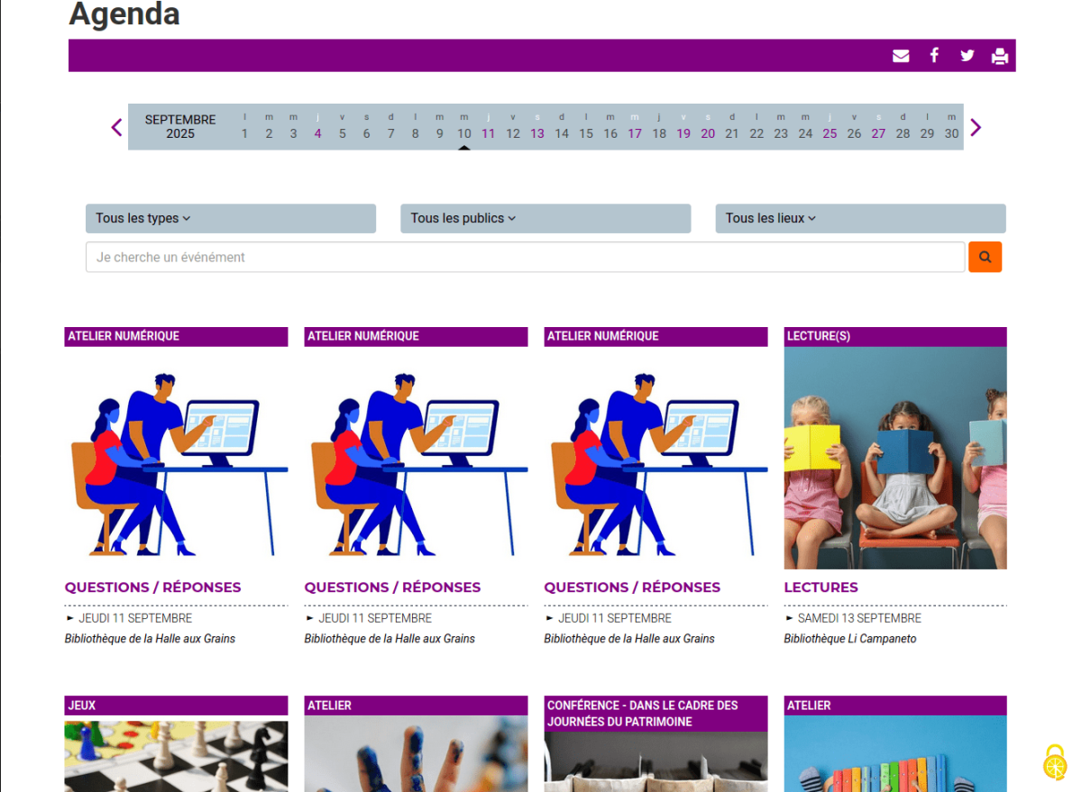 Titre et bandeau violet (couleur de l'agenda), suivi d'une ligne de l'agenda du mois en cours sur fond gris, puis de 3 listes déroulantes pour filtrer les évènements et d'un champ recherche. Ensuite, 2 lignes de 4 éléments affichant le type dans un bandeau couleur, une image, un titre, la date et le lieu