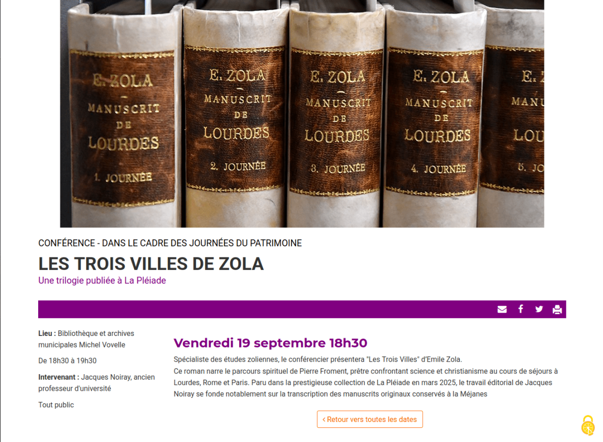 Visuel suivi d'un surtitre, du titre, d'un soustitre en couleur de l'agenda et d'un bandeau coloré. En colonne de gauche, les informations contextuelles, lieu, horaire, intervenant, public. Dans la partie droite, la date et le descriptif. En dessous, un espace "voir aussi" qui affiche 4 évènements en relation avec celui-ci
