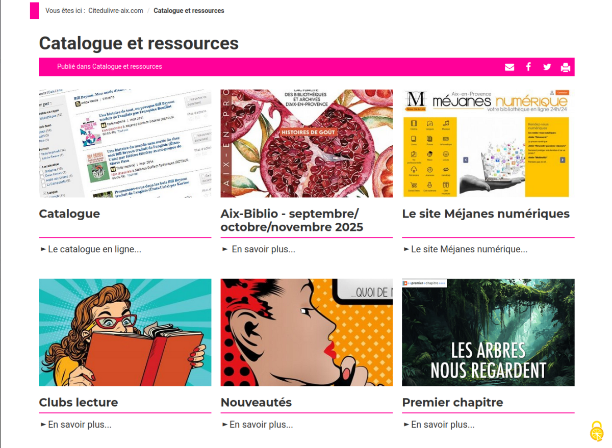 Page de type rubrique, avec fil d'ariane, titre et bandeau fushia (couleur de la rubrique) suivi de 2 lignes de 3 blocs, affichant une image suivie du titre et d'une accroche précédée d'un filet