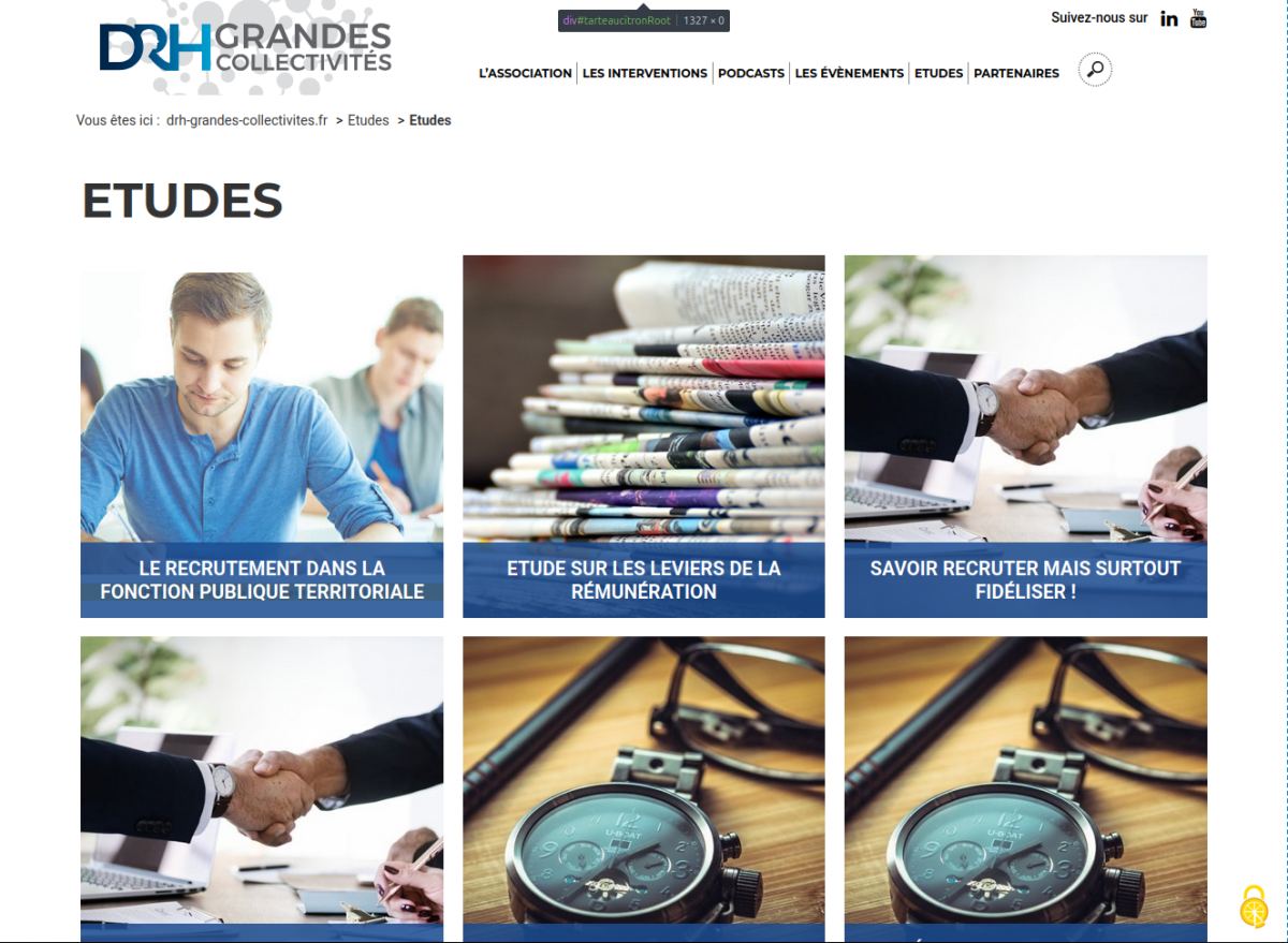Page de rubrique avec 2 lignes de 3 blocs, comprenant un visuel et un texte blanc dans un bandeau en couleur et en opacité