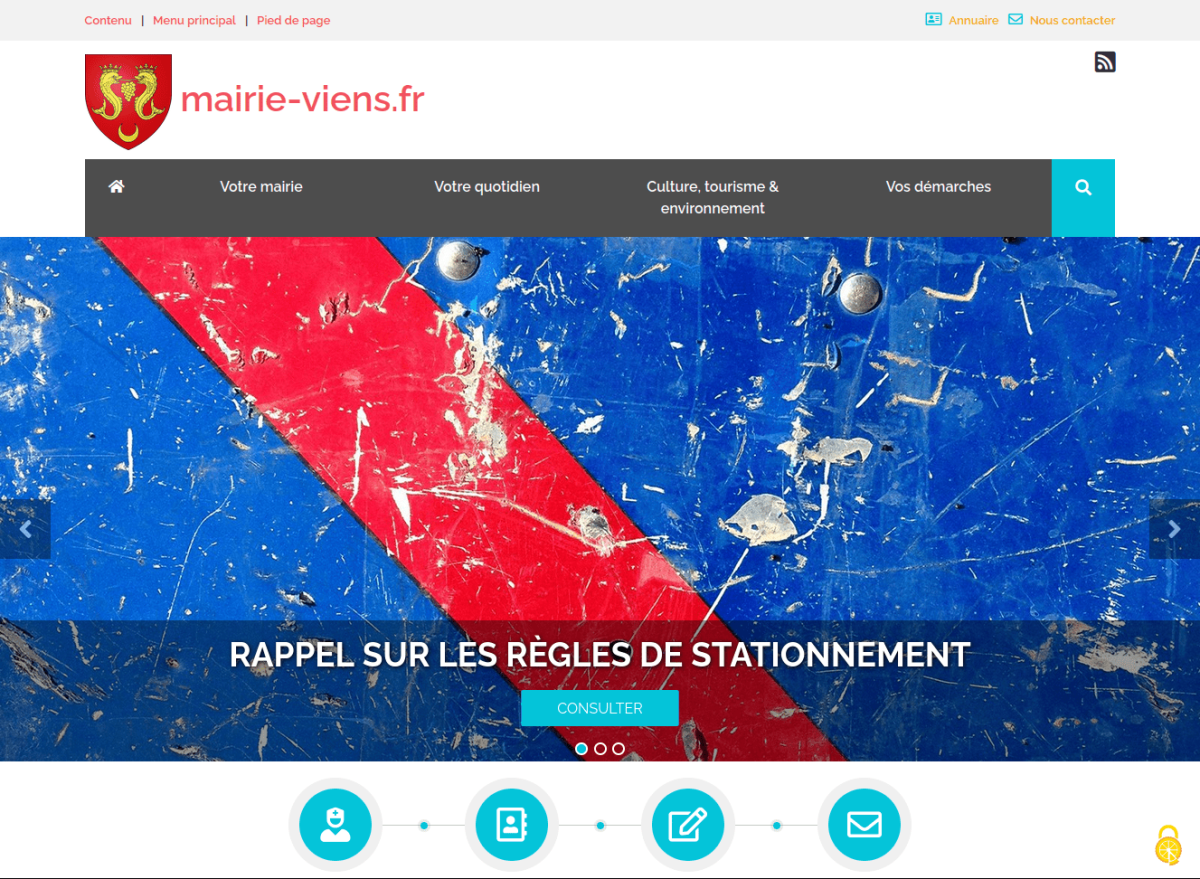Page d'accueil du site avec bandeau menu, suivi d'un slider avec photo et texte et début 4 pictos d'accès rapide dans des cercles bleus