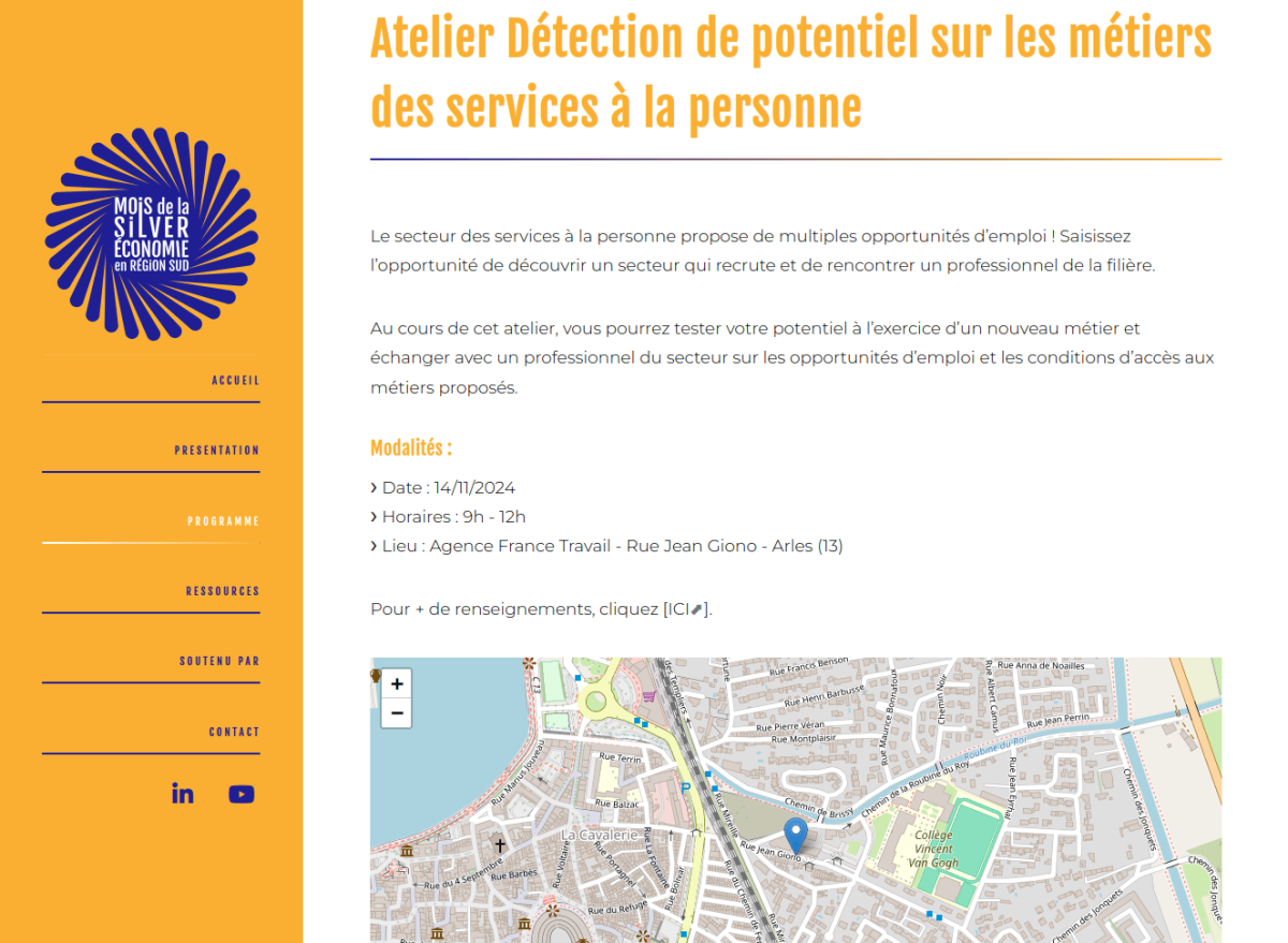 Page d'article affichant le titre jaune, u nfilet et le texte, suivi d'une géolocalisation