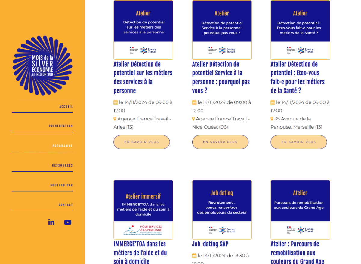 Liste des événements avec deux lignes de trois blocs, contenant un visuel, un titre, la date et l'heure et le lieu