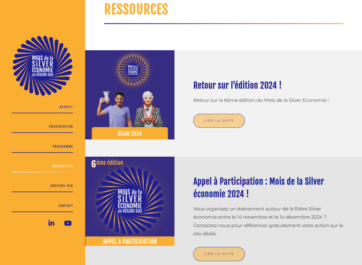 Choix des ressources avec deux lignes contenant un visuel sur la gauche, le titre et le descriptif sur la droite et un bouton "Lire la suite"