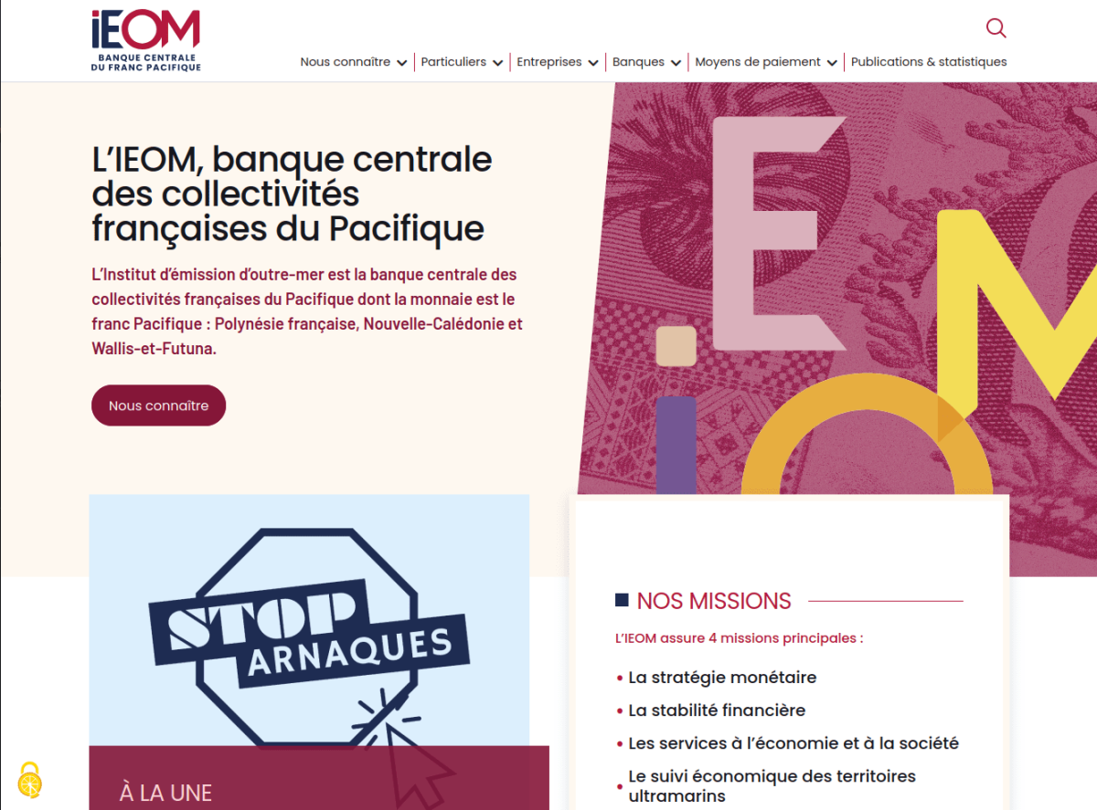 Page d'accueil du site avec introduction, animation des lettres IEOM, visuel "stop arnaques" et présentation des missions
