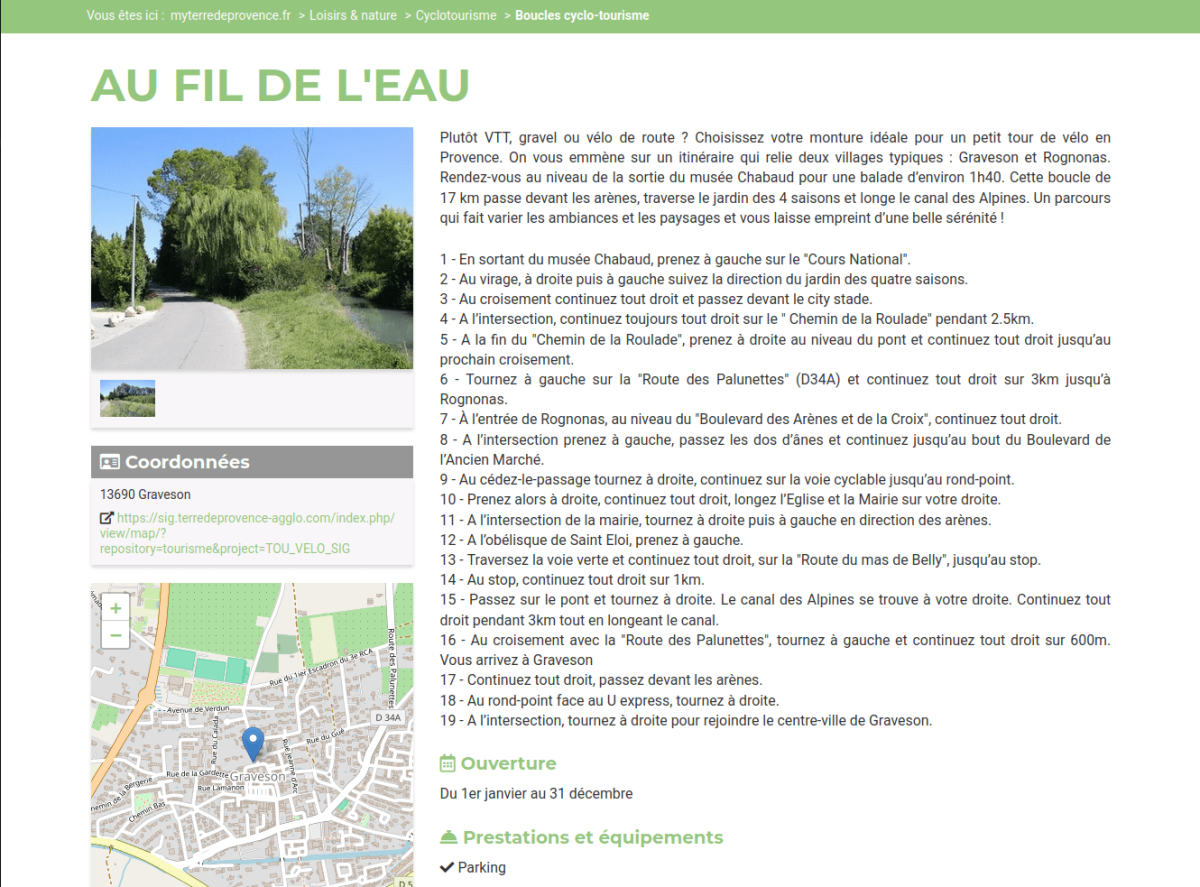 Détail d'une sortie vélo, avec visuel, coordonnées et cartographie. En partie droite, la liste des étapes pour la randonnée.