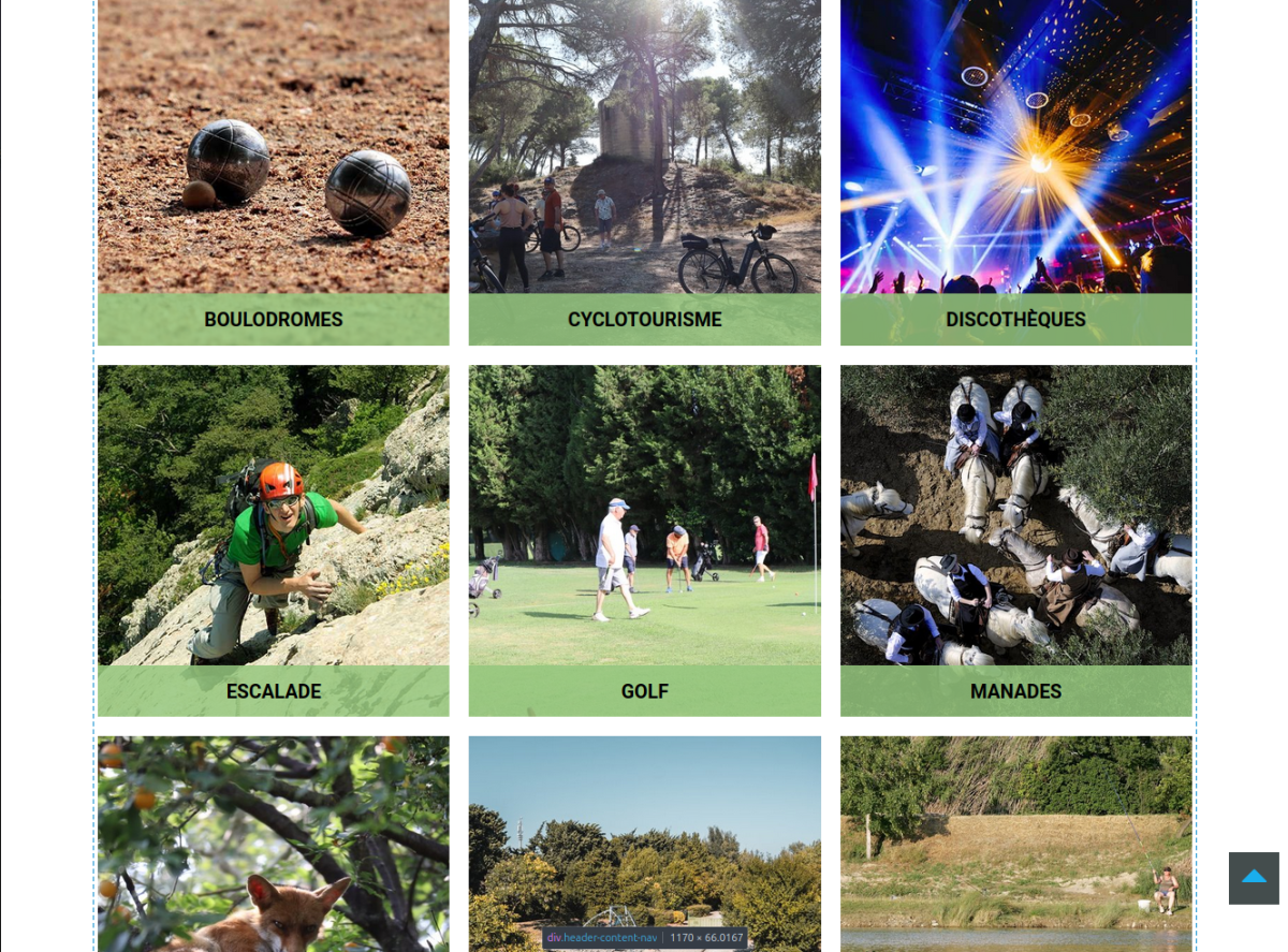 Liste d'éléments de la rubrique Loisirs et nature. 3 lignes de 3 blocs avec dominante verte. Les blocs sont constitués par une photo et un titre sur fond vert.