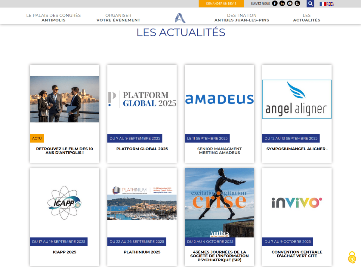 LIste des actualités avec 2 lignes de 4 blocs ombrés, contenant une image, la date ou le type et le titre 