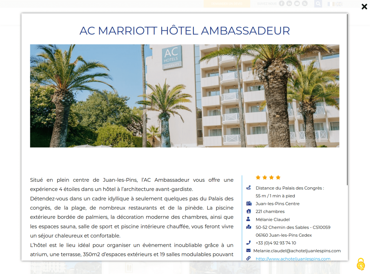 Fenêtre modale du détail d'un hôtel, avec titre et image sur toute la largeur puis description en partie gauche et détail en colonne de droite avec pictogramme pour repérer la nature de l'information
