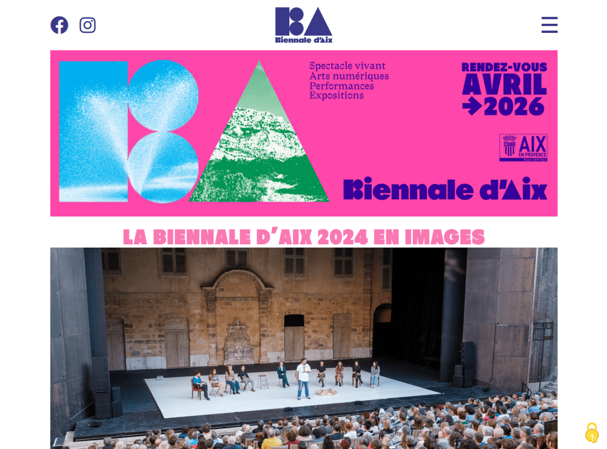 Page d'accueil du site avec bandeau rose et logo suivi d'une grande image