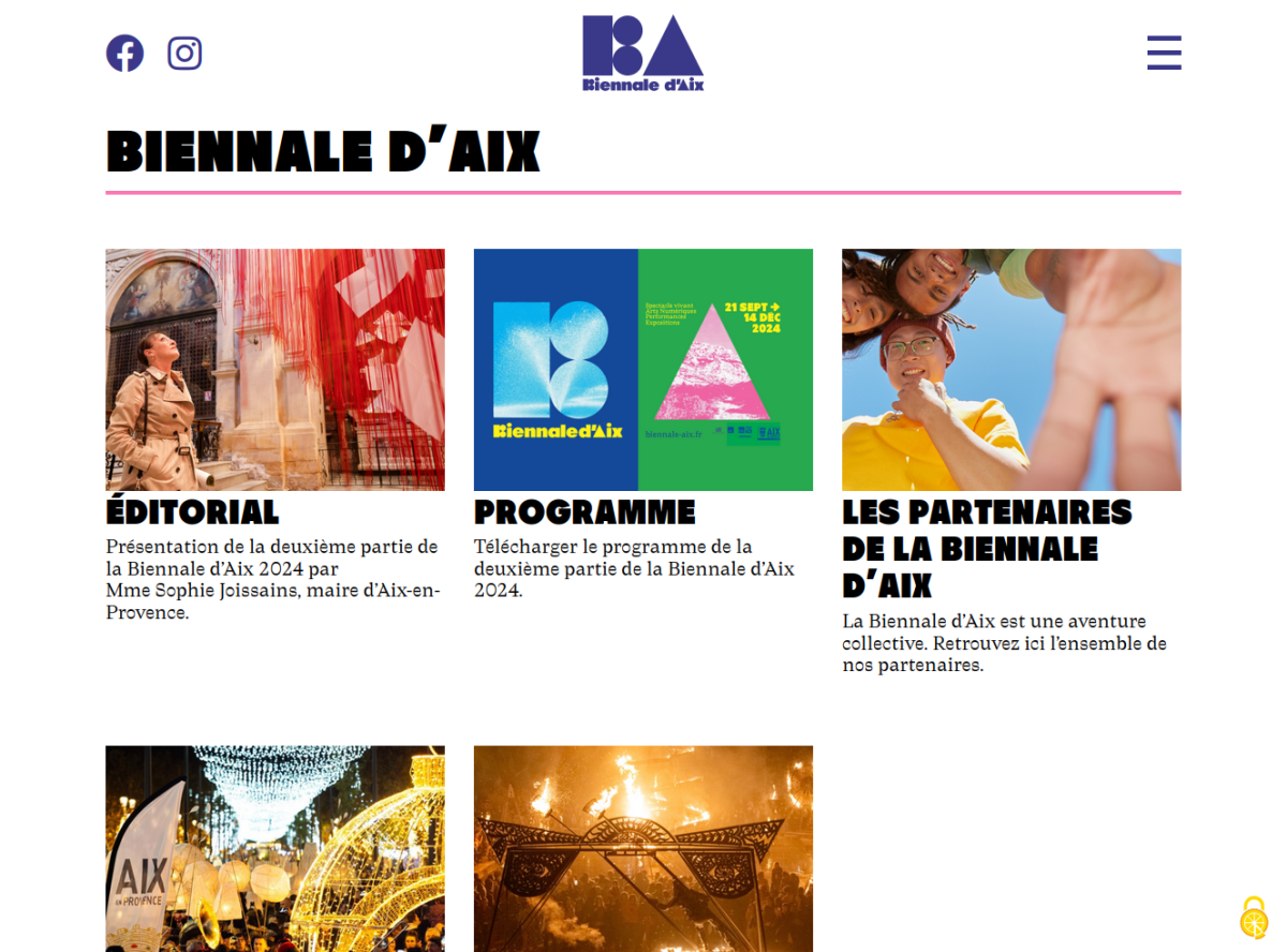 Présensation de la Biennale d'Aix avec 5 items affichant un visuel, un titre et une accroche