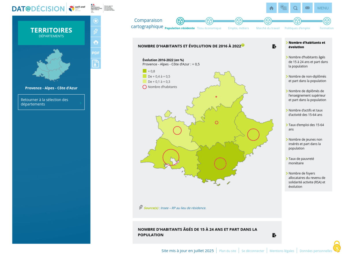 Cartographie région par département - Nombre d'habitants et évolution de 2016 à 2022