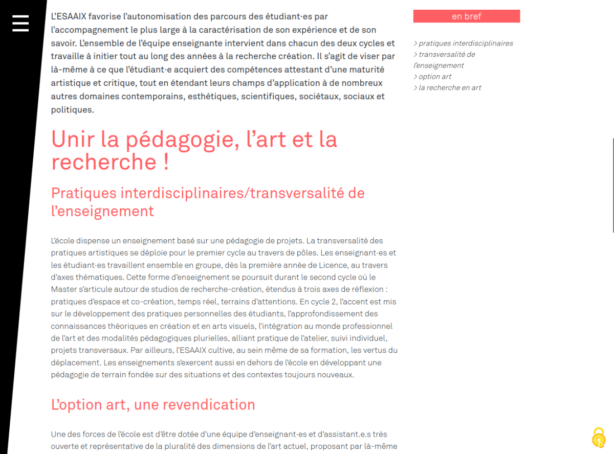 Exemple de page de contenu, avec chapeau en gras, intertitre en couleur et colonne de droite affichant "En bref"