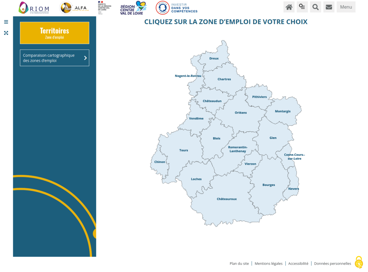 Carte de la région avec choix de la zone d'emploi