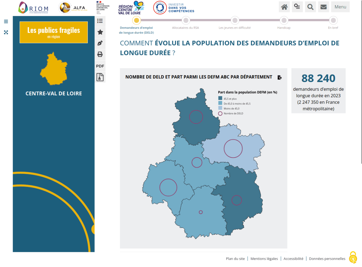 Carte de la région avec pourcentage des demandeurs d'emploi de longue durée